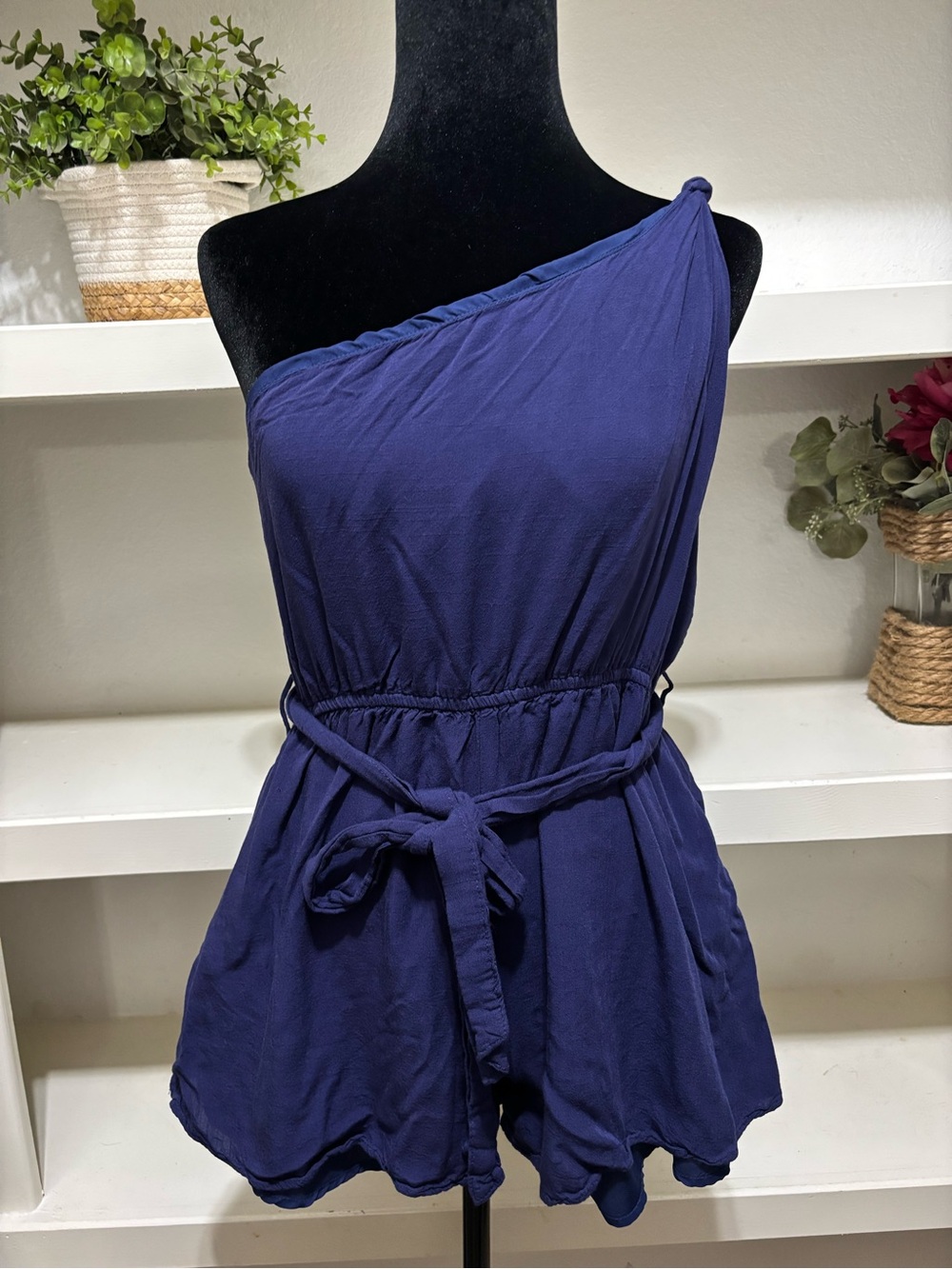 One-Shoulder Navy Romper with Tie Waist